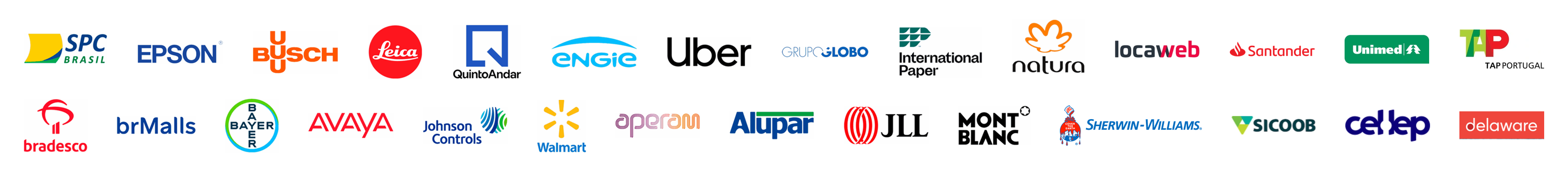 Logos de clientes da PaP: SPC Brasil, Epson, Busch, Leica, QuintoAndar, Engie, Uber, Grupo Globo, International Paper, Natura, Locaweb, Santander, Unimed, TAP Portugal, Bradesco, brMalls, Bayer, Avaya, Johnson Controls, Walmart, Aperam, Alupar, JLL, Montblanc, Sherwin-Williams, Sicoob, Cel.Lep e Delaware