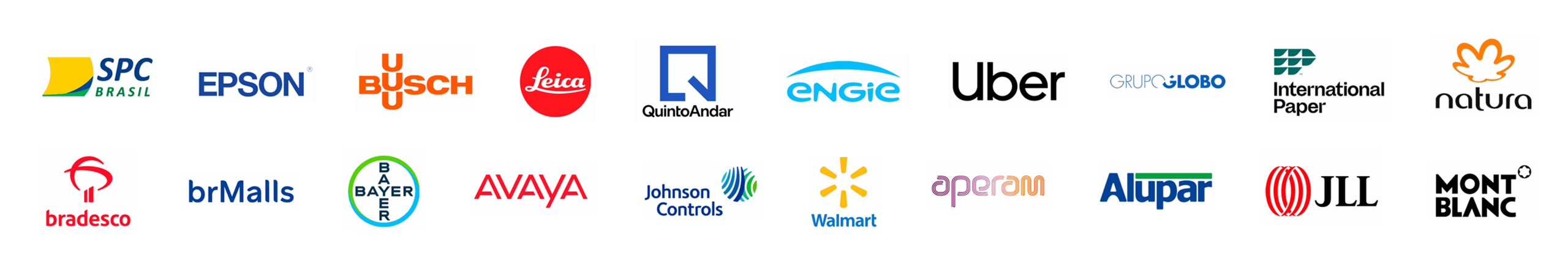 Logos de clientes da PaP: SPC Brasil, Epson, Busch, Leica, QuintoAndar, Engie, Uber, Grupo Globo, International Paper, Natura, Bradesco, brMalls, Bayer, Avaya, Johnson Controls, Walmart, Aperam, Alupar, JLL e Montblanc
